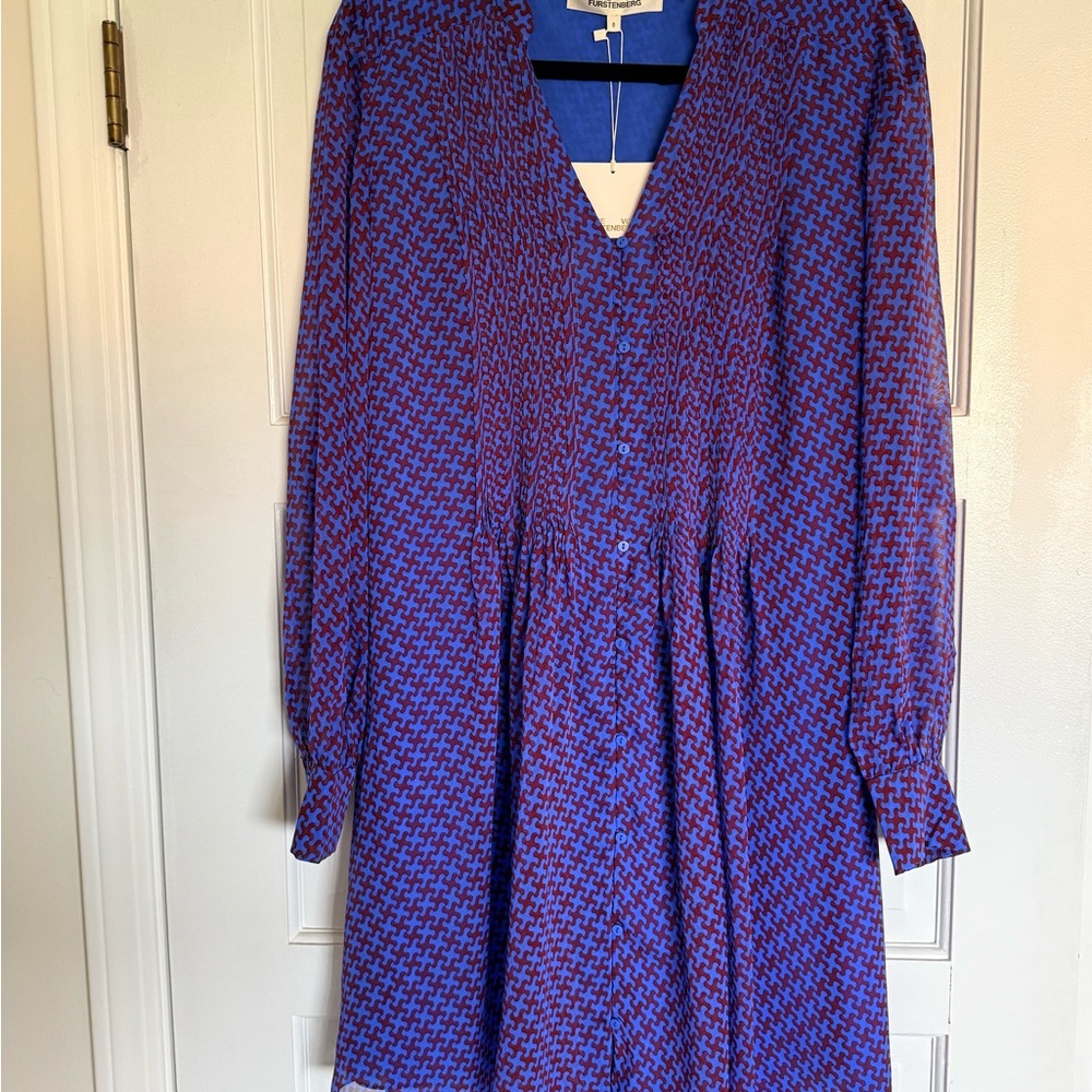 Diane Von Furstenberg Long Sleeve Dress in Blue and Red